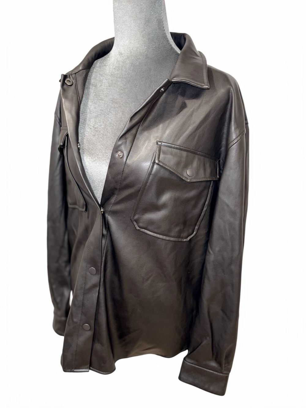 Love Tree Black Faux Leather Button Down Shacket Jacket Medium M